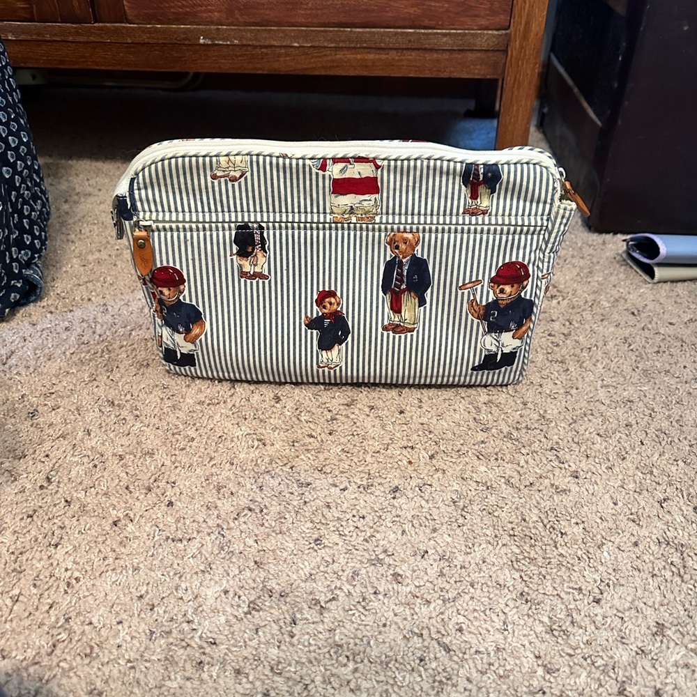 Ralph Lauren Navy Striped Cosmetic Case with Bear Motif